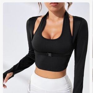 iHeartRaves Black Long Sleeve Crop Top with Built-In Tank
